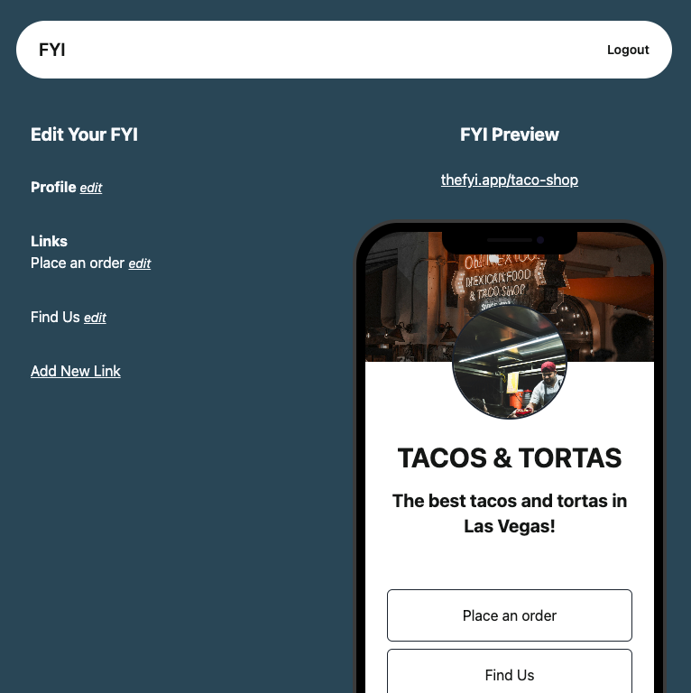 FYI single-page website builder preview